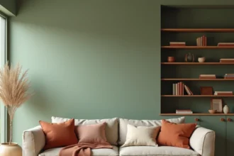 Salon contemporain avec murs vert sauge, canapé en lin beige et parquet bois clair illustrant une palette de couleurs chaleureuses pour le salon