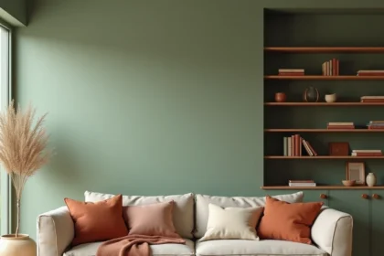 Salon contemporain avec murs vert sauge, canapé en lin beige et parquet bois clair illustrant une palette de couleurs chaleureuses pour le salon