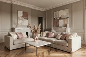 Salon de style chic avec canapé en lin, table en marbre et parquet en chevron dans un appartement parisien