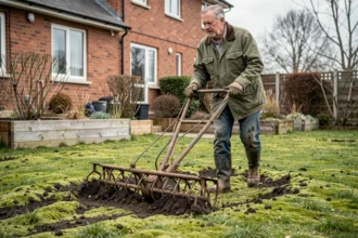 Homme utilisant un scarificateur manuel sur une pelouse envahie de mousse au printemps