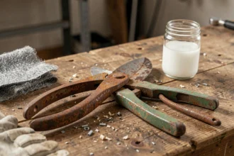 Sécateur de jardinage rouillé posé sur un établi en bois avec de la laine d'acier et du vinaigre blanc pour enlever la rouille