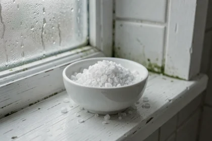 Bol en céramique rempli de cristaux de sel gemme posé sur un rebord de fenêtre humide dans une salle de bain, absorbant naturellement l'humidité ambiante
