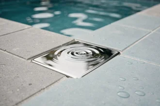Gros plan sur un skimmer miroir en acier inoxydable installé au niveau de l'eau d'une piscine moderne avec carrelage bleu pâle