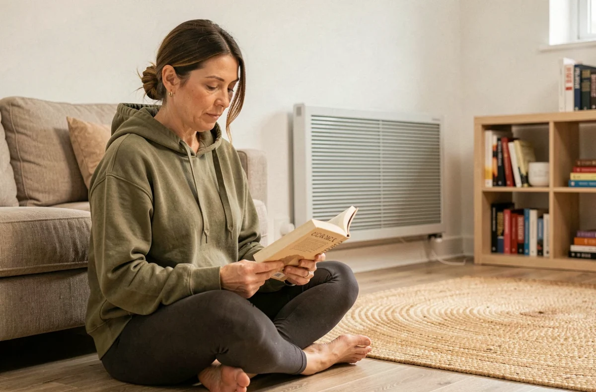 Femme lisant dans un sous-sol aménagé et confortable avec un radiateur à inertie pierre fixé au mur blanc
