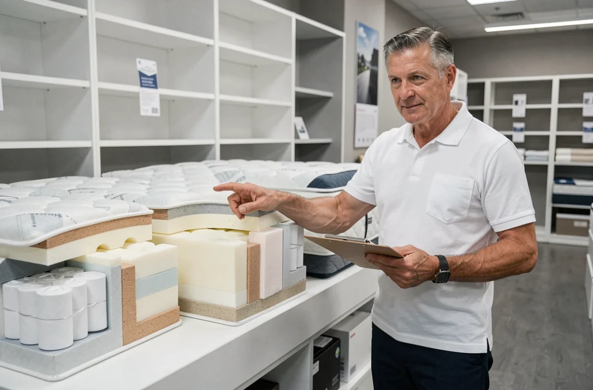 Spécialiste en orthopédie présentant les couches internes de différents types de matelas dans un showroom, pour aider au choix selon les douleurs dorsales
