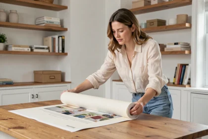 Femme enroulant soigneusement une affiche décorative sur une table en bois dans un bureau à domicile organisé