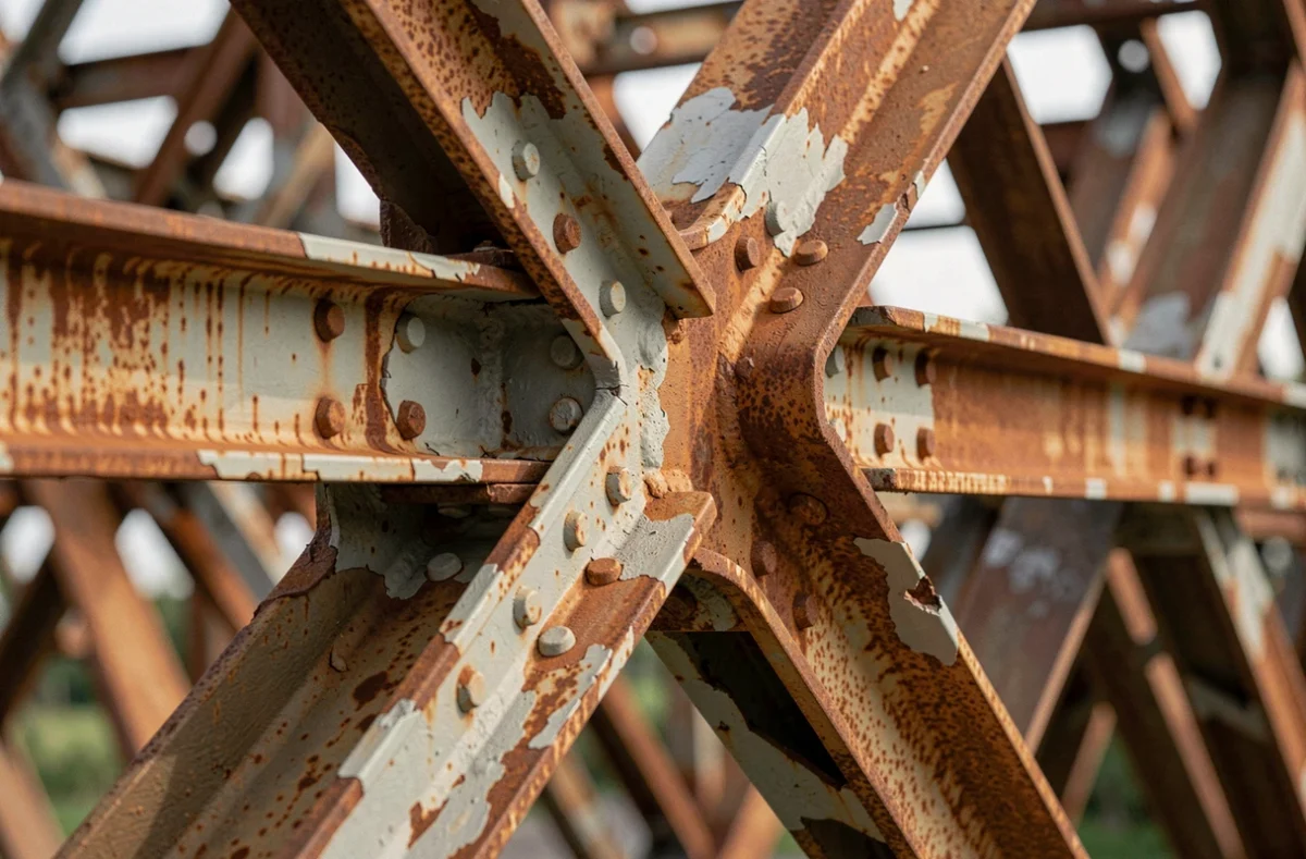 Détail de structure métallique d'un pont en treillis avec rivets et poutres en acier, illustrant la robustesse des assemblages structurels en ingénierie des ponts