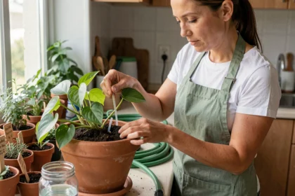 Femme installant un système d'auto-arrosage goutte-à-goutte dans un pot de plante en terre cuite sur un rebord de fenêtre
