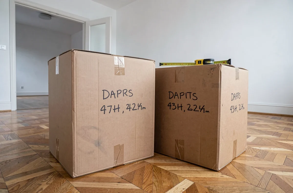 Deux grands cartons de déménagement posés sur un parquet avec les dimensions indiquées au marqueur noir