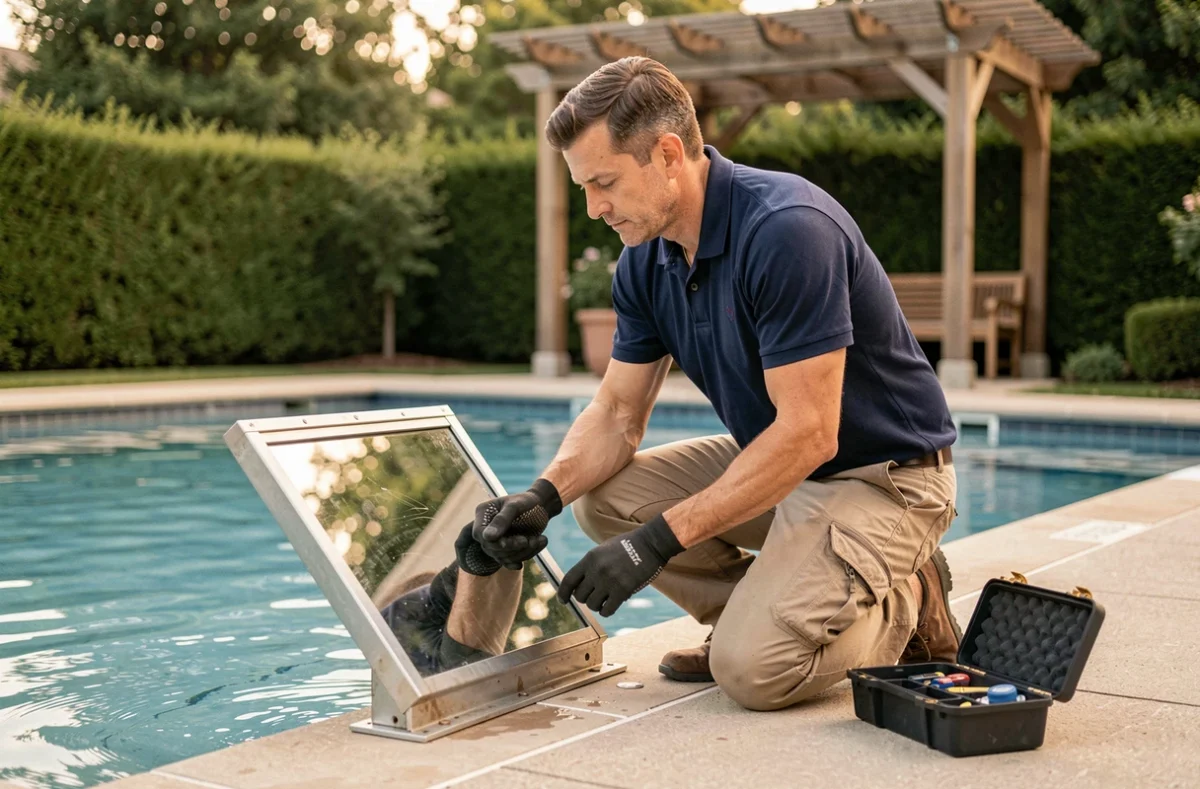 Technicien de piscine inspectant un skimmer miroir au bord d'une piscine résidentielle extérieure