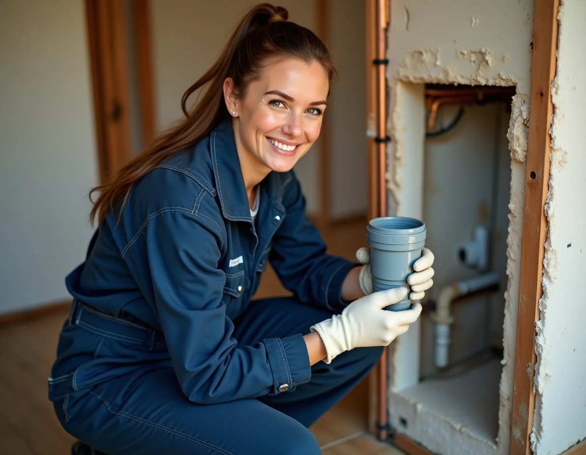 Technicienne en plomberie comparant un raccord PVC gris et un raccord en polypropylène lors d'une rénovation résidentielle