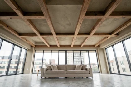 Plafond à caissons géométriques en bois dans un salon moderne minimaliste avec poutres apparentes en 2026