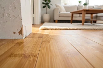Gros plan sur un parquet en bambou naturel dans un salon moderne, montrant la texture des fibres et des marques d'usure légères révélant son ancienneté