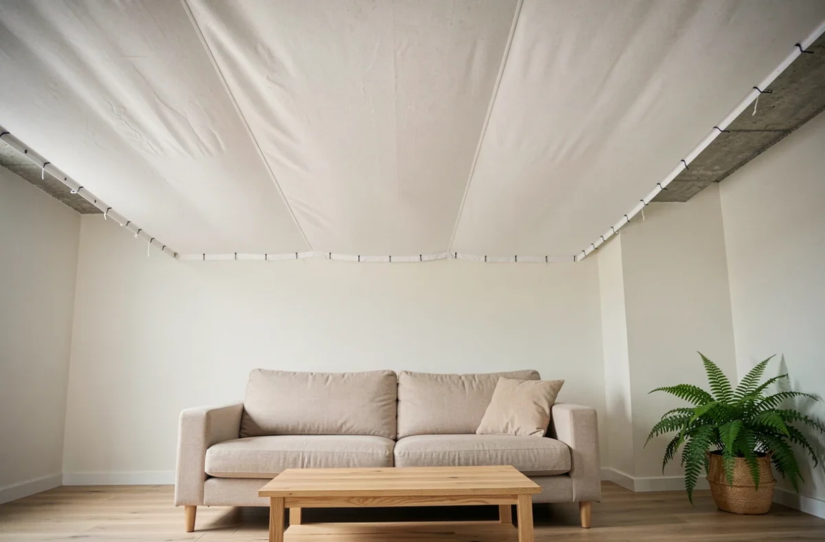 Salon rénové avec un plafond habillé de panneaux en tissu tendu pour masquer les défauts de la surface brute