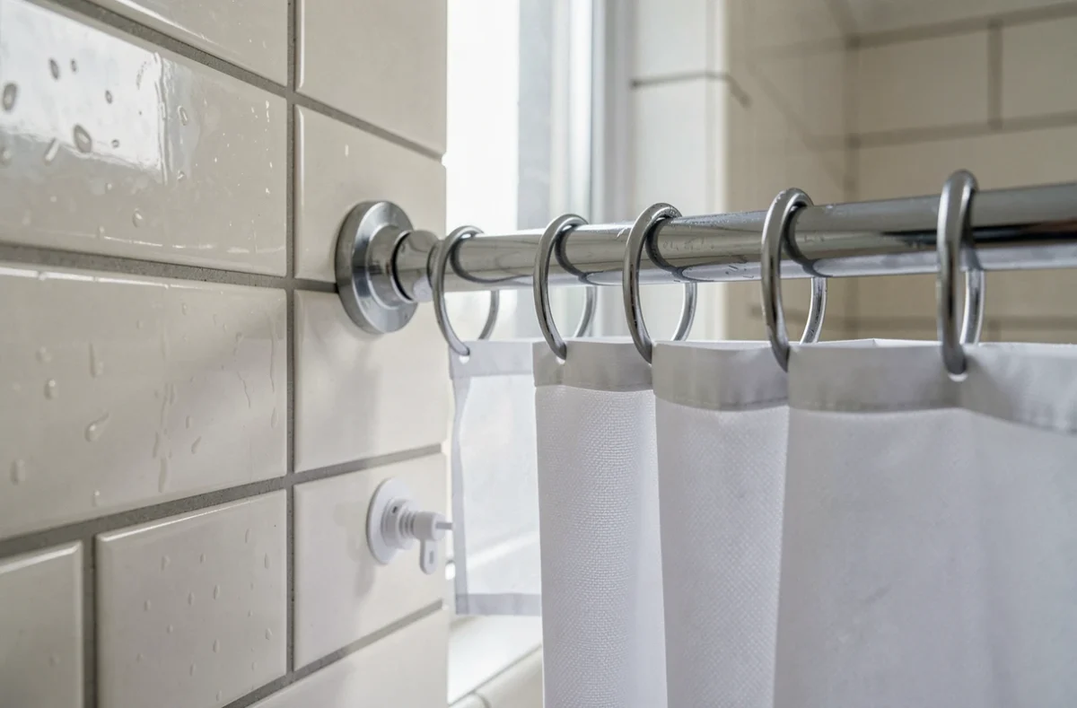 Gros plan d'une tringle à rideau sans perçage installée entre deux murs carrelés dans une salle de bain de location avec rideaux blancs