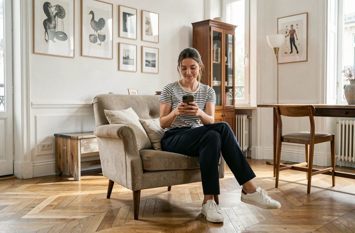 Une femme photographie un fauteuil vintage pour le vendre à un revendeur de meubles anciens
