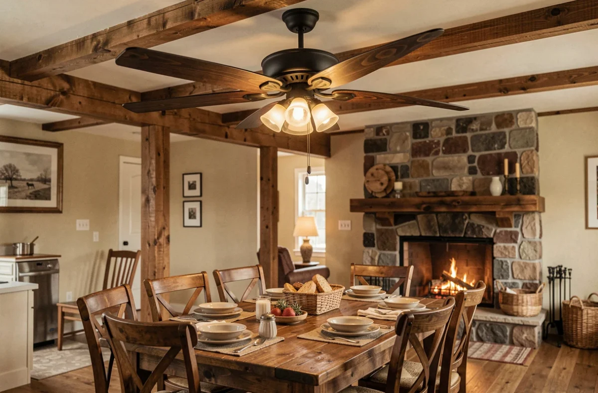 Ventilateur de plafond en bois au-dessus d'une salle à manger rustique avec cheminée pour répartir l'air chaud