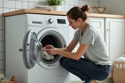 Femme vidangeant le filtre de sa machine à laver dans une buanderie moderne
