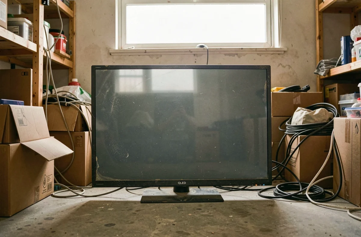 Ancienne télévision QLED vieillie stockée dans un garage encombré, illustrant la fin de vie d'un écran
