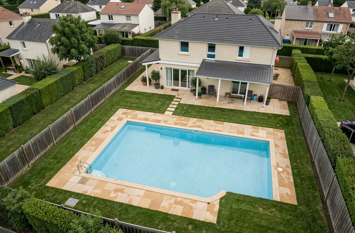 Vue aérienne d'une piscine résidentielle bien positionnée à distance des fondations d'une maison pavillonnaire avec jardin aménagé