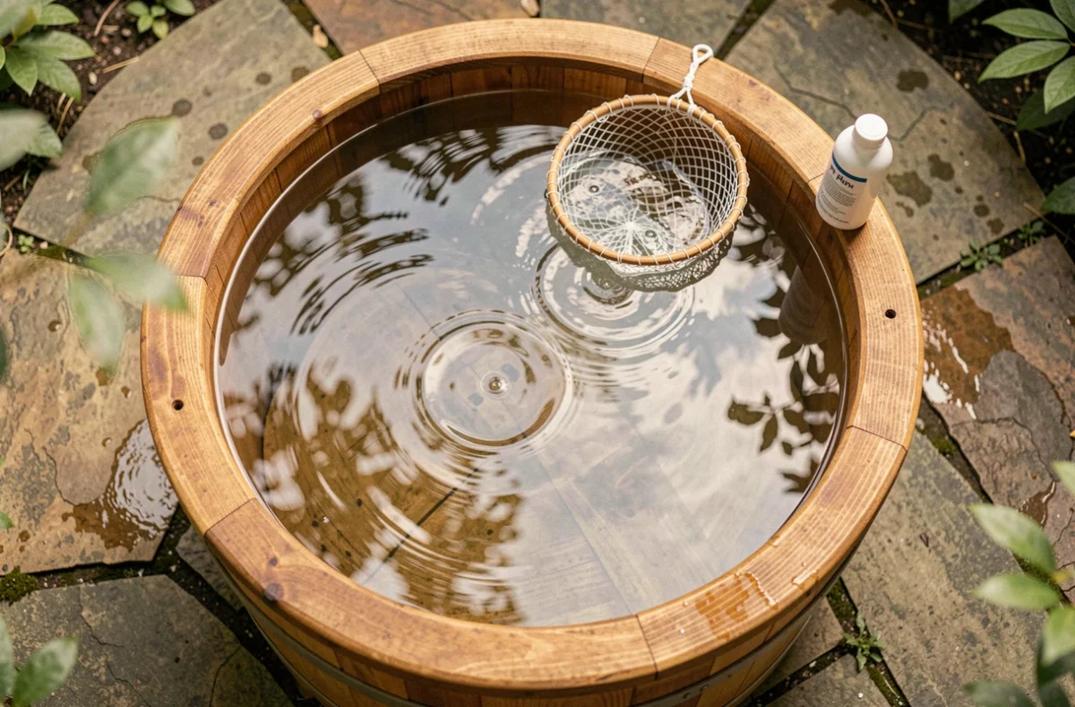Vue de dessus d'un spa en bois avec filet de nettoyage et flacon de traitement pH posés sur le bord, eau claire et propre